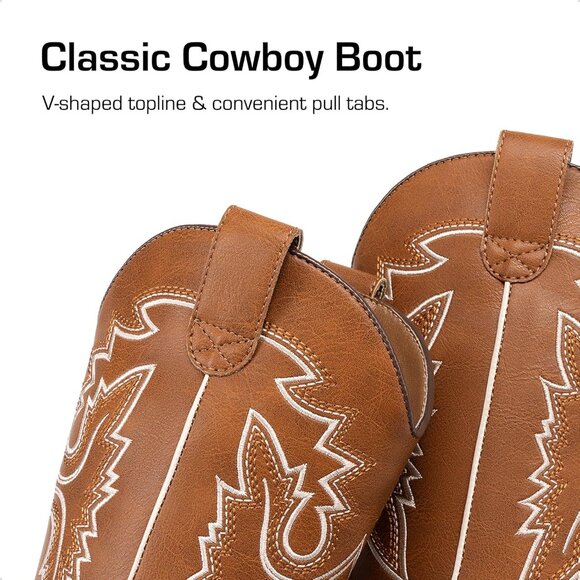 ⚡Girls Brown Cowboy Boots Toddler Mid Calf Western Square Toe Riding Boot - Picture 2 of 6